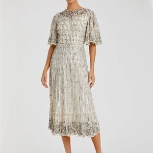 Mac Duggal Silver and Cream Sequin Midi Dress